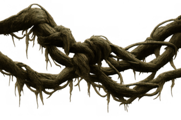 Twisted jungle vines creating a tangled knot, liana hanging roots, nature element on transparent background