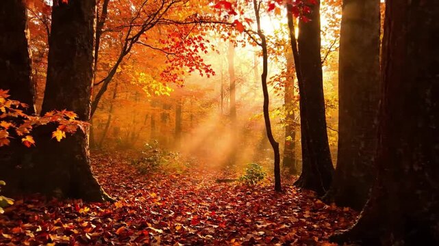 Sun Dappled Forest Floor amber glow autumn Eye level shot of fallen leaves and textured ground with moving light patterns A
