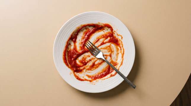 Dirty white plate with tomato sauce residue and a fork