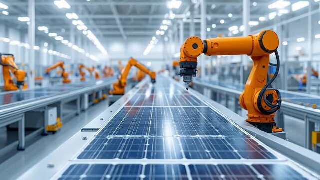 Automated robotic arms work on solar panels in a modern, light-filled factory setting.