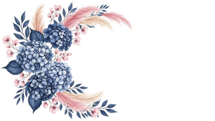 Luxury hand painted floral corner design with hydrangeas and pampas grass in navy and blush pink isolated on white background