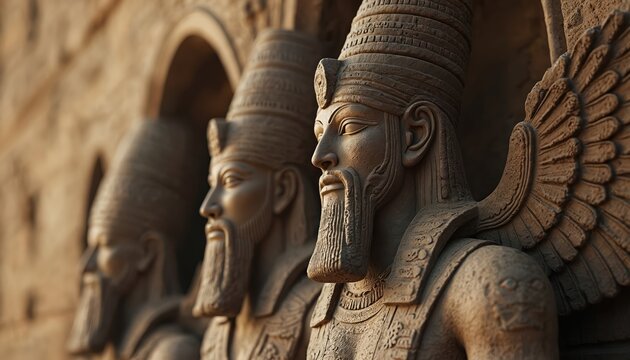 Stone carvings of ancient Sumerian winged figures with ornate headdresses, beards. Sculptures depict mythical deities from Mesopotamian culture, likely Anunnaki gods, with detailed stonework,