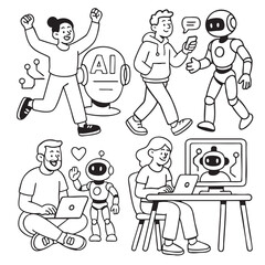 Happy woman, AI robot, man, and people interacting with artificial intelligence technology