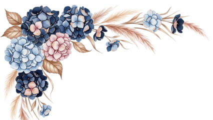 Luxury hand painted floral corner design with hydrangeas and pampas grass in navy and blush pink isolated on white background