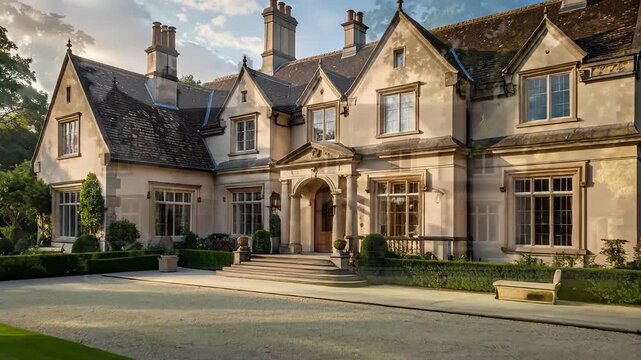 Elegant manor house with manicured gardens and gravel driveway exudes timeless charm and sophistication.