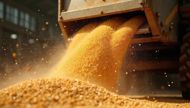 Bulk grain pours from agricultural machinery onto pile. Close up view of corn kernels falling. Harvest process in farm facility. Industrial unloading.