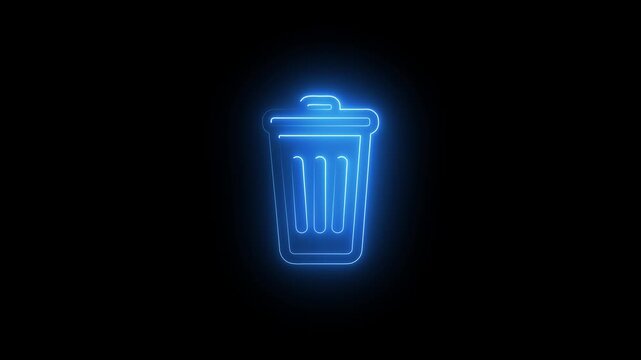 Blue neon trash can icon with glowing outline on a black background garbage waste