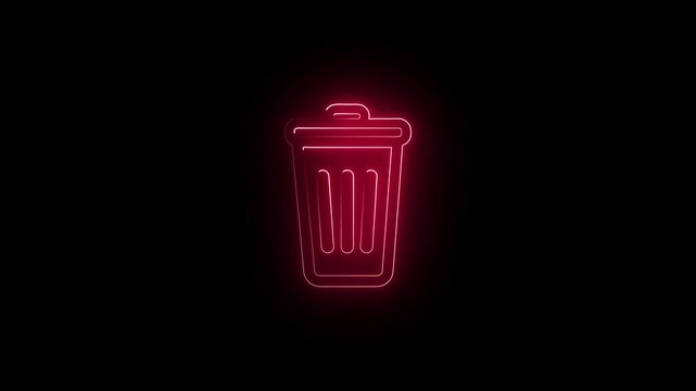 Red neon trash can icon with glowing outline on a black background garbage waste