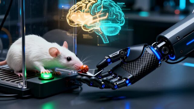 Laboratory mouse presses a lit sensor while a robotic prosthetic hand presents a small pellet beneath a holographic brain projection, conveying neuroscience research, neurotechnology testing and human