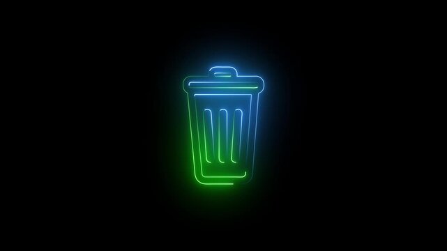 Glowing neon blue and green trash can icon on black background garbage delete