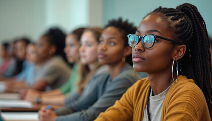 Diverse group of students in classroom setting learning. Young adults pay attention during lesson. Future doctors and nurses study together in lecture hall.