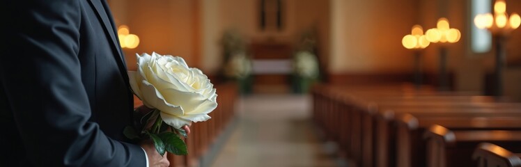 Man in dark suit holds white rose inside church. Blurred background shows pews and altar. Symbolizes grief, loss, and remembrance during solemn service.