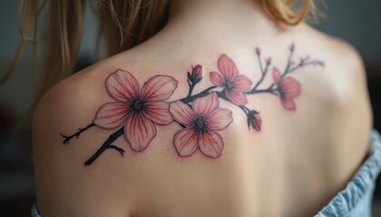 Woman shoulder has delicate pink cherry blossom tattoo art. Fine detail shows sakura branch with blooms and buds on smooth skin. Pro artwork on body.