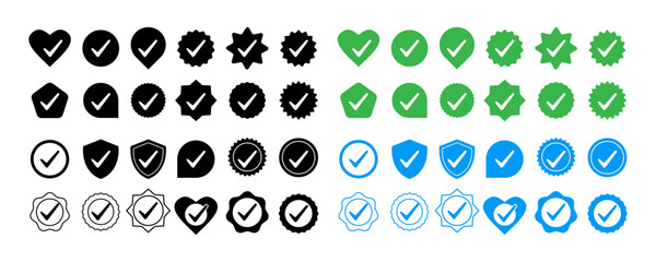 Verified badge, profile social media account verification, set icons sheck, mark vector illustration, Check Mark. Approved Or Certification Badge Logo Design. Certified Medal Icon Check Mark Template 