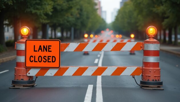 Orange traffic cones and striped barriers block urban street lane. Flashing yellow lights warn drivers of road work ahead. Construction site requires detour. Public safety measures are in place.