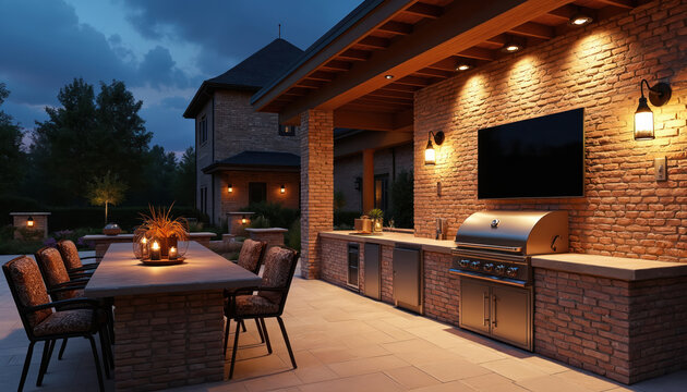 Outdoor brick kitchen at twilight. Grill, dining table, TV set are ready for party. Cozy evening lighting creates relaxing ambience for backyard entertaining.
