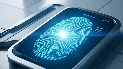 Smartphone displays a glowing blue fingerprint scan for security verification and access. - Powered by Adobe