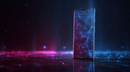 Smartphone on technology background. Neon glowing mobile phone on abstract dark background. Futuristic network connection