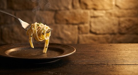 Creamy Pasta Restaurant Advertising Background with Dark Copy Space Area