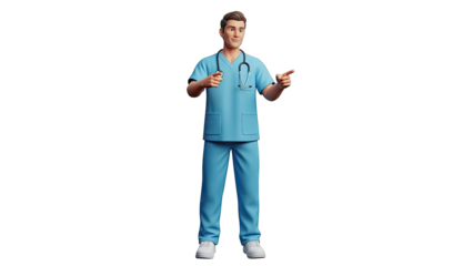 Male Nurse in Scrubs with Stethoscope Pointing