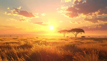 A vibrant sunset casts golden light on the African savanna, illuminating grasses, sparse trees, and a dramatic sky