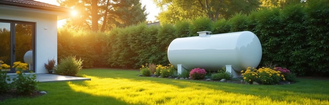 White propane tank sits in a manicured green backyard beside a modern house. Yellow and pink flowers bloom near green bushes. Sunlight shines brightly on the lawn.