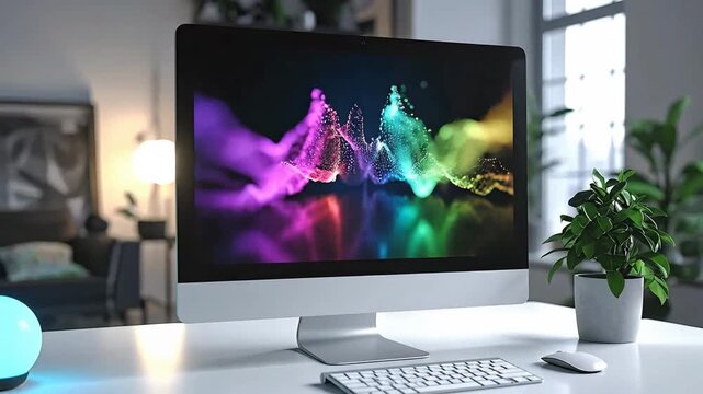 Modern desktop setup featuring a sleek computer, keyboard, mouse, and a vibrant abstract background.