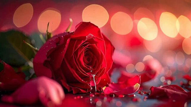 Close-up of a vibrant red rose with water droplets against a blurred bokeh background.