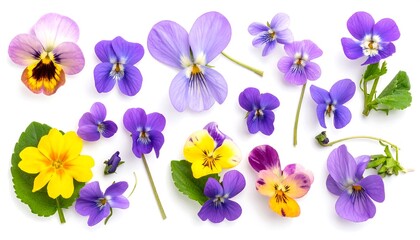 Assorted Pansy and Violet Flowers on White Background.