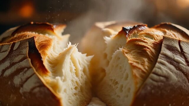 Warm, freshly baked crusty artisan sourdough bread, broken open to reveal soft interior