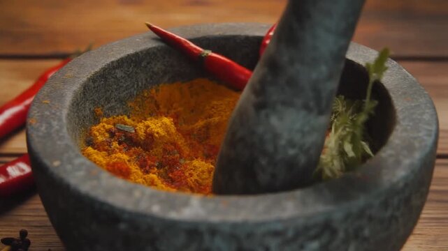 Mortar and pestle with turmeric and chili peppers, spices for cooking and traditional preparation