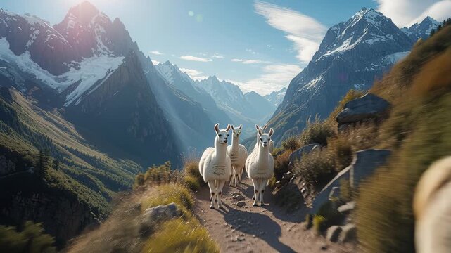 Llama wears sunglasses on a sunlit alpine trail with a second llama in the background. Snowcapped peaks and blue sky frame the scene. Golden light falls on rocky path and grasses for a whimsical outdo
