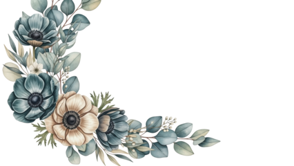 Luxury botanical watercolor corner border with anemones and eucalyptus in deep teal and beige isolated on white background