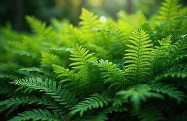 Rich green fern fronds grow densely in dappled forest light. Delicate leaves unfurl creating a vibrant natural texture. Wild plants thrive in shade, showing fresh verdant growth.