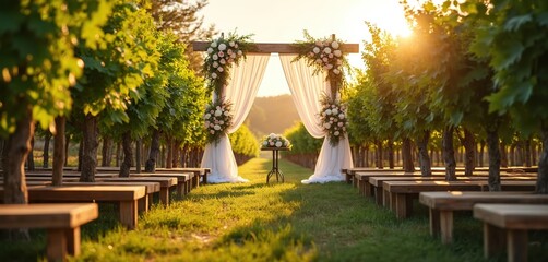 Naklejka premium Outdoor wedding ceremony setup at vineyard with wooden benches, floral archway. Rows of grape vines, sheer curtains adorn serene aisle. Sunlight streams through trees creating tranquil atmosphere for
