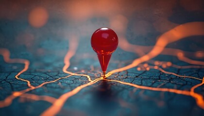 Red map pin marks spot on glowing abstract city street grid. Macro view shows illuminated routes on dark background. Navigation concept for travel planning or urban exploration.