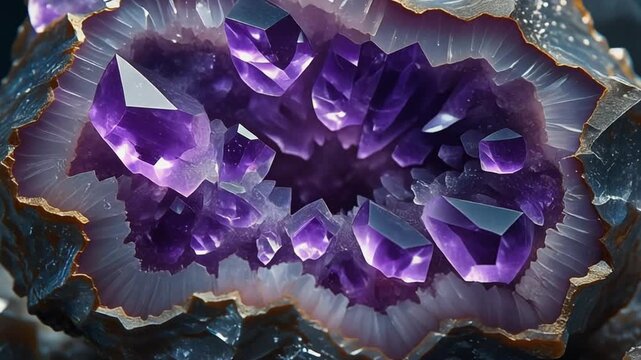 Close-up of a vibrant purple amethyst geode with sparkling crystalline formations