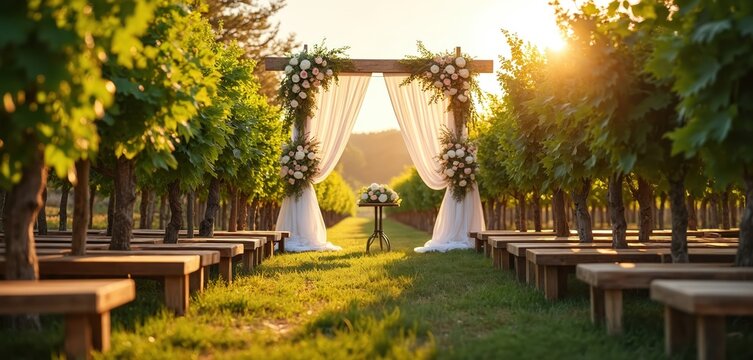 Outdoor wedding ceremony setup at vineyard with wooden benches, floral archway. Rows of grape vines, sheer curtains adorn serene aisle. Sunlight streams through trees creating tranquil atmosphere for