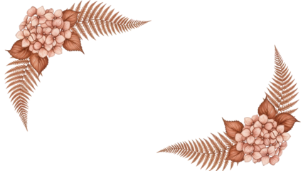 Luxury botanical watercolor corner border featuring hydrangeas and fern in terracotta tones isolated on white background