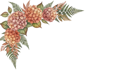 Luxury botanical watercolor corner border featuring hydrangeas and fern in terracotta tones isolated on white background