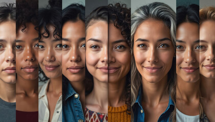 Diverse group of women of different ages, ethnicities. Their faces are displayed in grid showing varied skin tones, hair colors, facial features. Women smile, representing unity, global community.