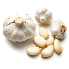 Fresh Garlic Bulbs and Cloves on a White Background