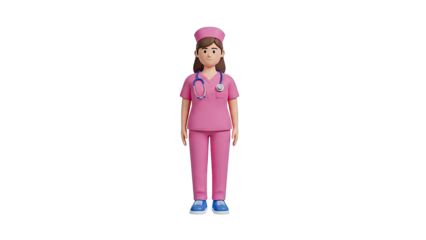 3D Cartoon Nurse in Pink Uniform with Stethoscope