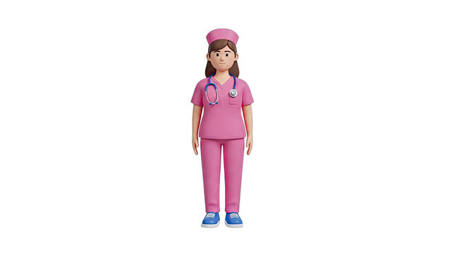 3D Cartoon Nurse in Pink Uniform with Stethoscope - Powered by Adobe
