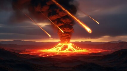 A volcanic eruption with meteors in a dark sky