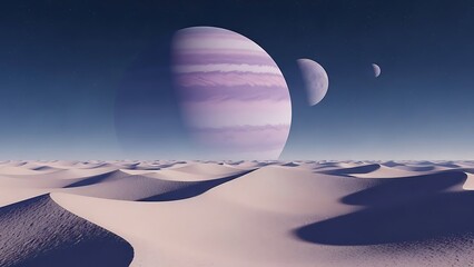 Surreal extraterrestrial landscape with moons and dunes.