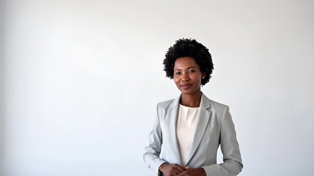 白背景のスタジオで撮影された黒人ビジネスウーマンの高解像度ポートレート。
柔らかな自然光が肌のトーンを美しく引き立て、明るくクリーンな印象。
淡い色のスーツとシンプルな装いが現代的なビジネス感を表現。