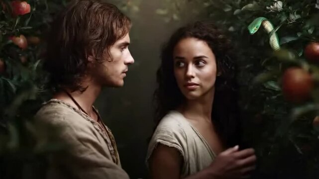 Snake in the Adam and Eve story offers forbidden fruit temptation, Book of Genesis. Bible legend of expulsion from Garden of Eden and original sin