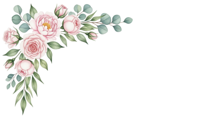 Hand painted watercolor floral corner border with delicate roses and peonies in soft blush pink isolated on white background