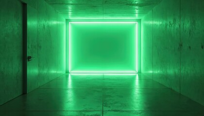 Fototapeta premium Green corridor with bright square neon light. Modern empty room with concrete walls and polished floor reflecting light. Futuristic interior design with geometric shape and clean lines.